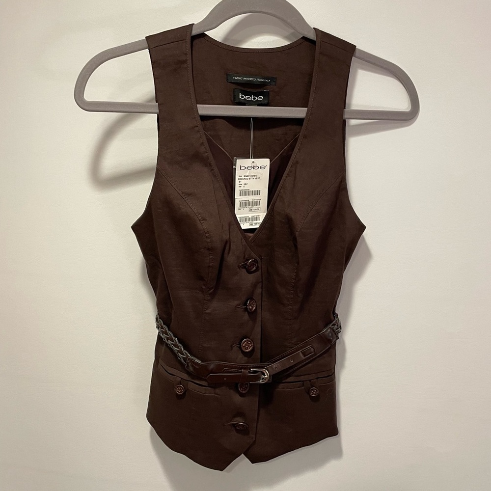 BEBE BUTTON-UP VEST WITH BELT